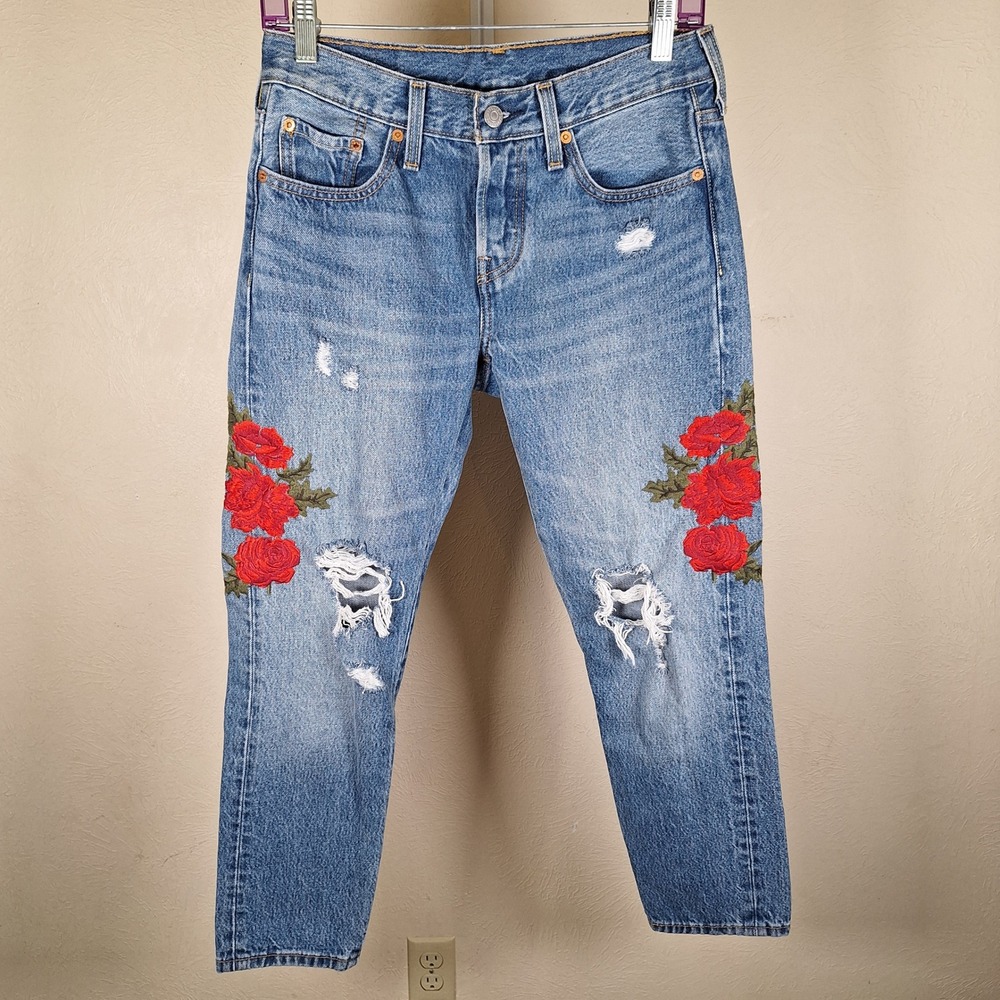 Levis 501 Crop Tapered Embroidered Rose Distressed Holes Jeans Buttonfly 25x26